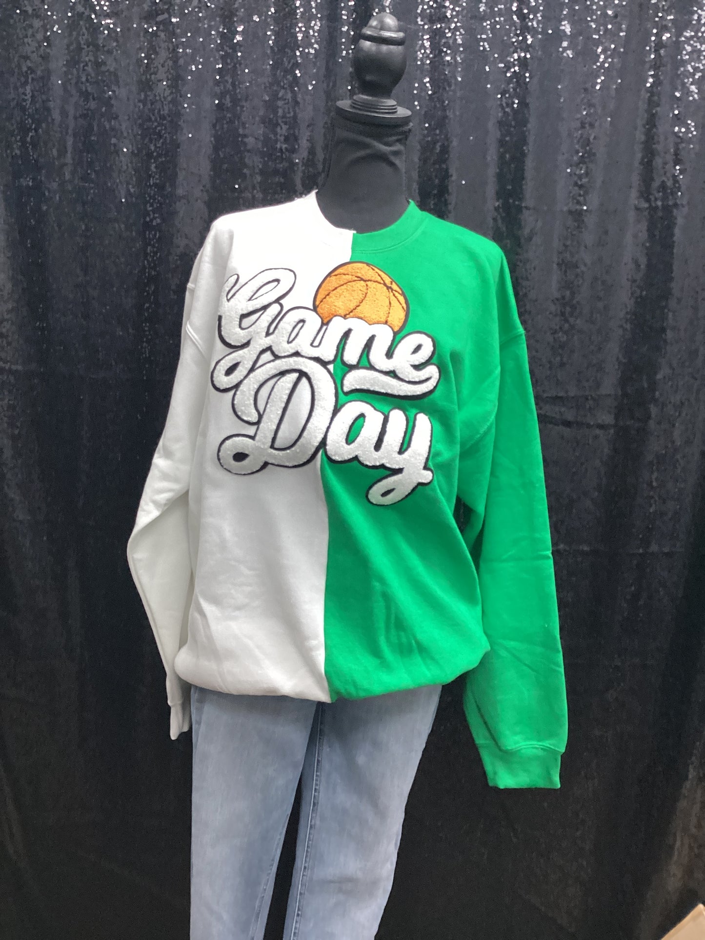 game day basketball - green and white crew sweatshirt - Large